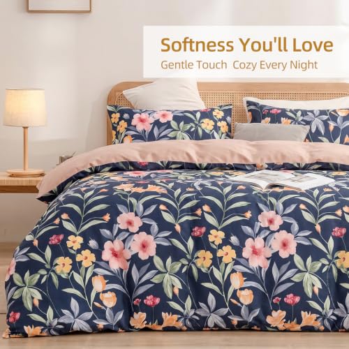 Blue Botanical Floral Cotton Duvet Cover Set 3 Piece King Size