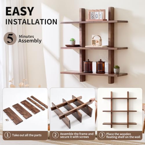 Brown 28 Inch x 31.5 Inch 3-Tier Floating Wall Shelf - Heavy Duty Pine Wood