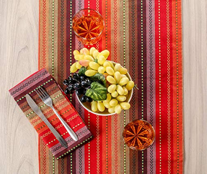 Red Multi 16x72 Inch Cotton Table Runner with Fringes - Salsa Stripe for Holidays