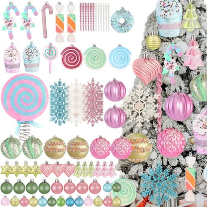 Pastel Christmas Tree Ornaments Set with Candyland Decorations - 82 Pieces