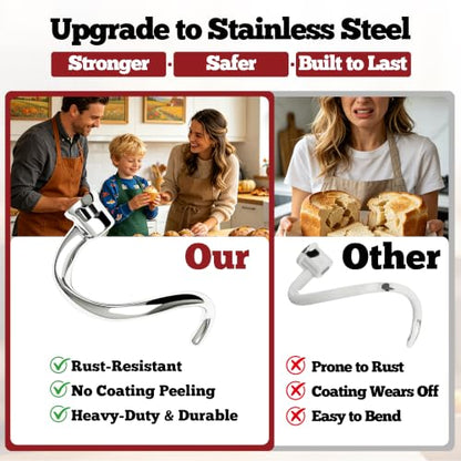 Stainless Steel Spiral Dough Hook for KitchenAid Stand Mixers - Compatible with 4.5QT & 5QT, Dishwasher Safe, Ideal for Bread Pizza Pasta Dough