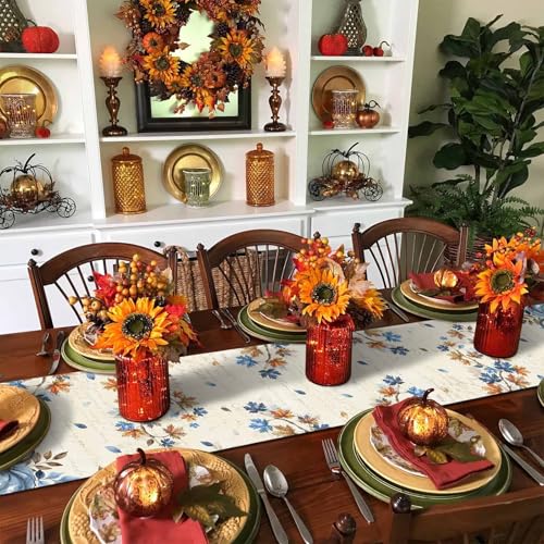 Fall Navy Blue Pumpkin Table Runner 13x36 Inches - Rustic Thanksgiving Decor