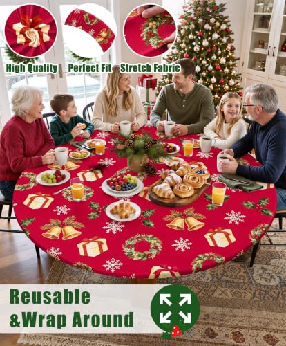 Moosfor Elastic Round Tablecloth for 45-56 Inch Tables - Red & Green, Fitted, Waterproof
