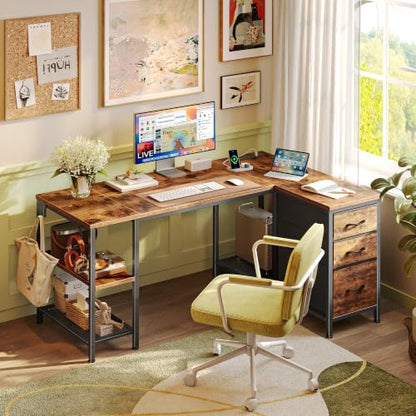 Rustic Brown 47.2-Inch L-Shaped Office Desk with Power Outlets and 3 Drawers