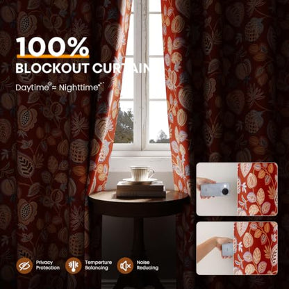 Terracotta Floral Blackout Curtains for Bedroom 84 Inch 2 Panels - Variation of Terracotta and Orange Floral