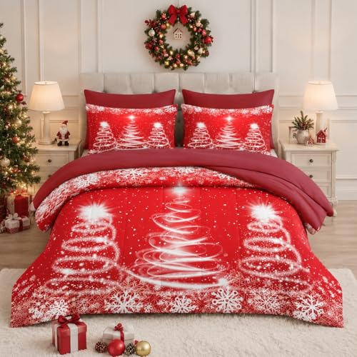 Queen Christmas Comforter Set with Sheets - Star Pattern, 7 Pieces Winter Bedding