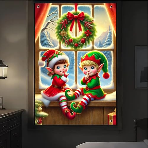 Christmas Window Banner Cover 32x47 Inch - Red Elf Scene Holiday Decor