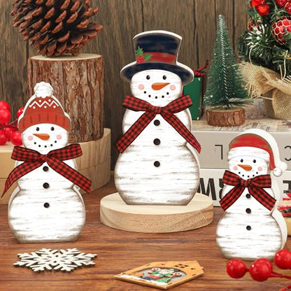 Christmas Snowman Wooden Table Decorations Set - Rustic Holiday Farmhouse Centerpiece