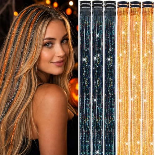 Halloween Black+Orange Colorful Fairy Hair Tinsel Kit Clip-In Hair Extensions