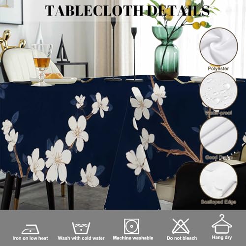 Cherry Blossoms Tablecloth 52x70 Inch Rectangular Navy Blue & White Flower Design - Wipeable Kitchen Dining Decor