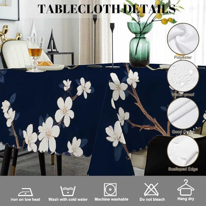 Cherry Blossoms Tablecloth 52x70 Inch Rectangular Navy Blue & White Flower Design - Wipeable Kitchen Dining Decor