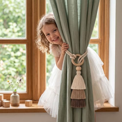 Cotton-Linen Curtain Tiebacks with Tassels - 3 Tone Layered 4 Pack - Natural Decor