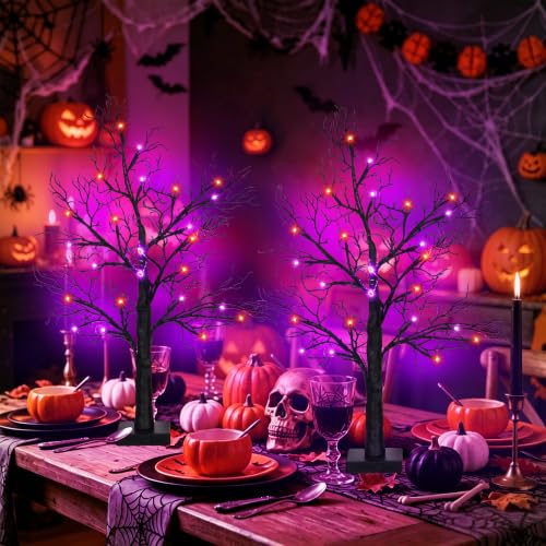 Halloween Black Tree Decorations with Orange Purple LEDs - Style 1, 24 Inch, Indoor Home Centerpiece, Timer, Battery or USB Powered