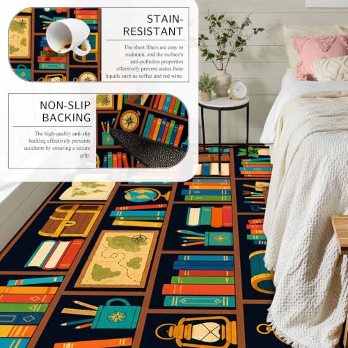 Colorful Bookworm Area Rug 5x7 for Kids' Reading Nook Bedroom Living Room - Non-Slip