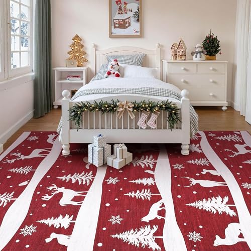 Red 9x12 Christmas Rug with Reindeer & Snowflakes - Washable Non-Slip Living Room Carpet