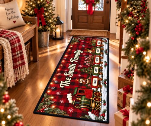 Holiday Family Train Entryway Rug with Custom Names and Numbers - Christmas Decor