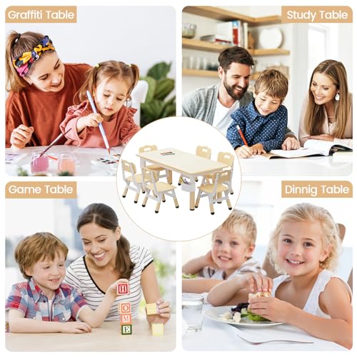 IDEALHOUSE Kids Activity Table with 6 Chairs Set - Natural Finish, Height Adjustable, Safe & Easy to Clean