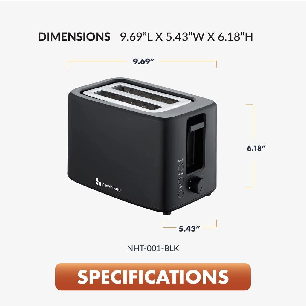 Newhouse 700W Black 2-Slice Toaster - Auto Pop-Up & Cool-To-Touch Kitchen Essential for Modern Homes