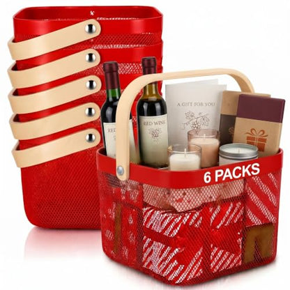 Heavy-Duty Metal Mesh Basket with Handle - 9.65 x 9.65 x 7.09 Inch Red Christmas Garden Storage Basket Set