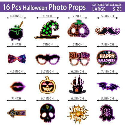 Neon Halloween Photo Booth Props Set - 16 Vivid Fluorescent Party Decorations