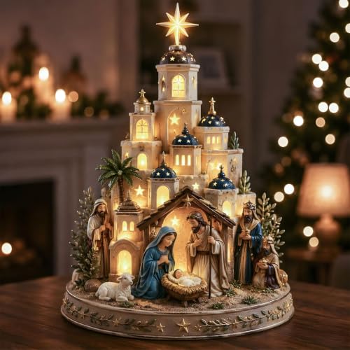 Nativity Scene Light Tower Set with Holy Family & Star Top - Christmas Tabletop Decor
