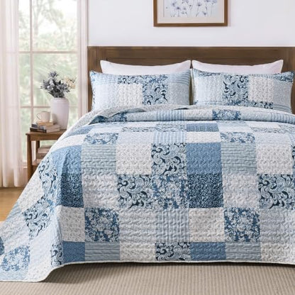 Alaskan King Quilt Set 132x120 Blue Patchwork Reversible Bedspread