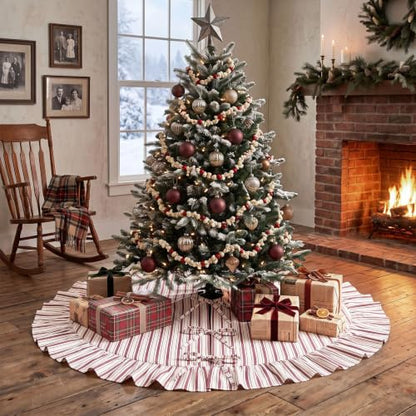 Christmas Tree Skirt 48 Inch Red & White Ruffle with Bows - Burgundy Variation