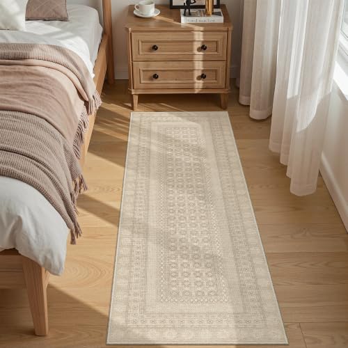 2x6 Washable Kitchen Runner Rug Beige Non Slip Textured Vintage Design
