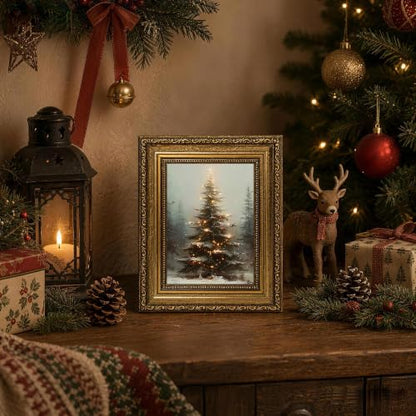 Christmas Tree Wall Art Canvas with Gold Frame - Snowy Forest Scene, 10x8 Inches - Holiday Decor
