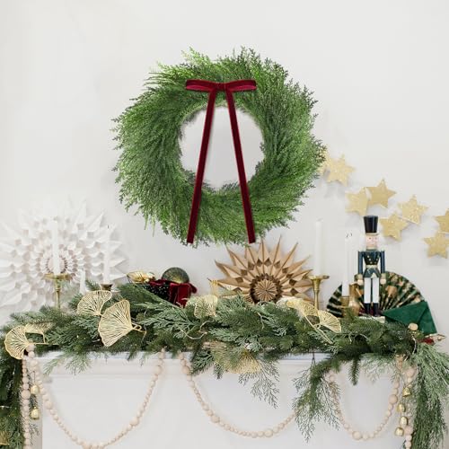 Christmas Cedar Wreath Set - 20 Inch with Red Ribbon Bow - Pack of 3