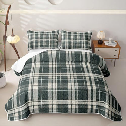 Gray White Tartan Plaid Quilt Set Twin Size Bedspread with Pillow Sham