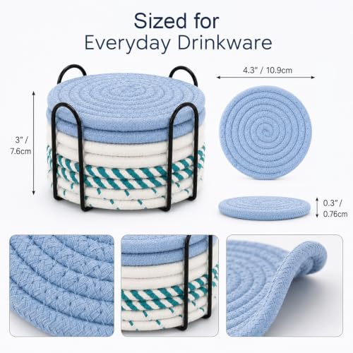 Blue Boho Cotton Woven Drink Coasters Set of 8 with Holder