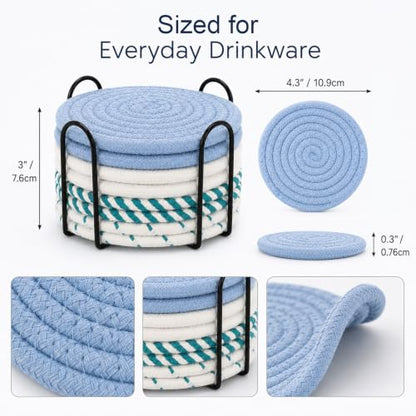 Blue Boho Cotton Woven Drink Coasters Set of 8 with Holder