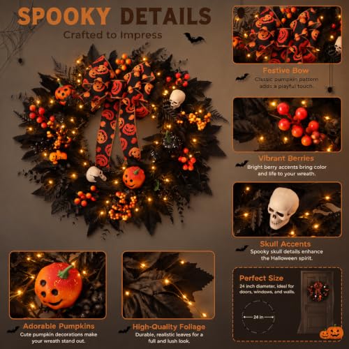 24-In Halloween Wreath for Front Door Black Skeleton Spider Web Decor