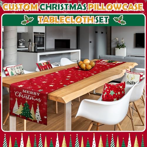 Christmas Table Runner & Pillow Covers Set - Star Pattern, 18x18 Inch, Holiday Decor