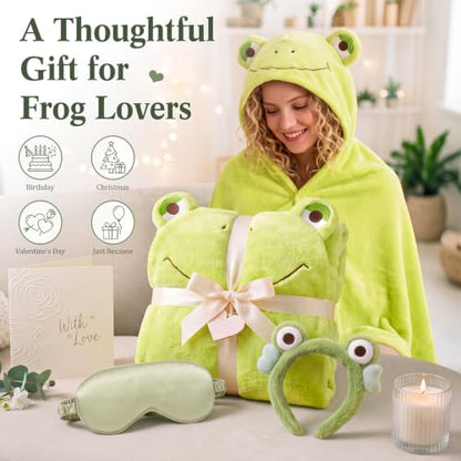 Frog Hooded Blanket Set with Headband and Sleep Mask - Cozy Green Loungewear