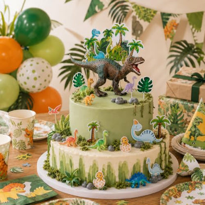 Dinosaur Birthday Cake Topper Set with 3D Figures & Jungle Decor