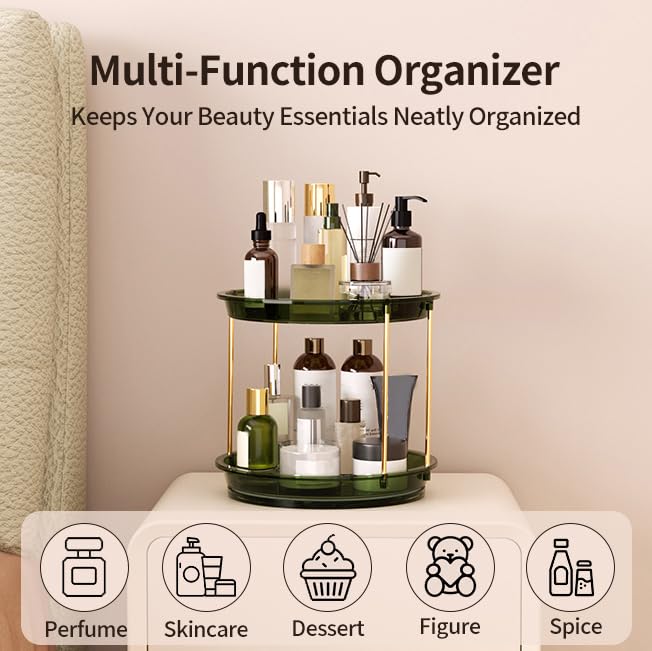 2-Tier Rotating Perfume Organizer Stand Green, Space-Saving Vanity Storage