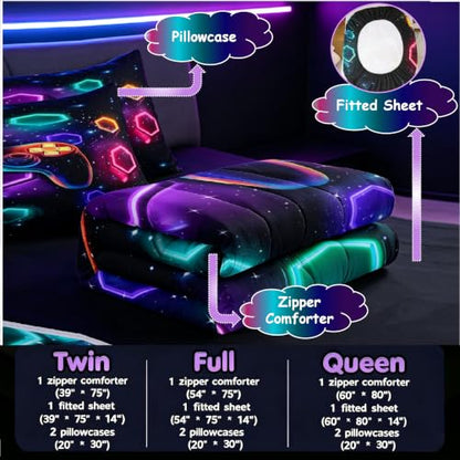 Neon Gamepad Bedding Set with Zippered Comforter and Fitted Sheet - Full Size - Black, Purple, Cyan