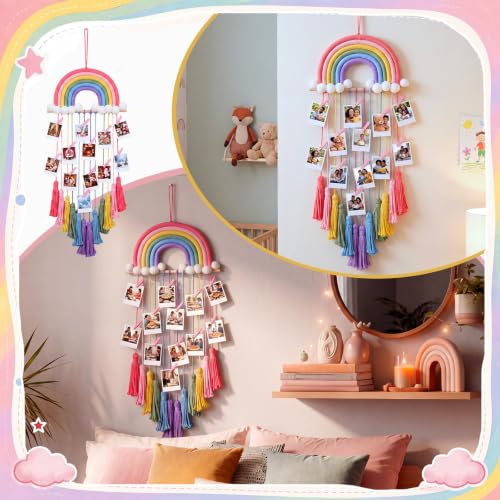 Rainbow Macrame Photo Display with LED String Lights - Boho Wall Decor