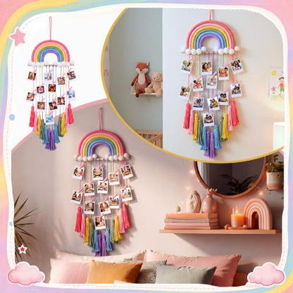 Rainbow Macrame Photo Display with LED String Lights - Boho Wall Decor