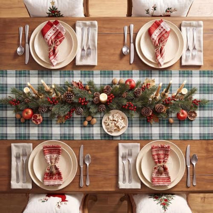 Christmas Checkered Table Runner - Green and White, 13 x 70 Inches, Plaid Holiday Decor
