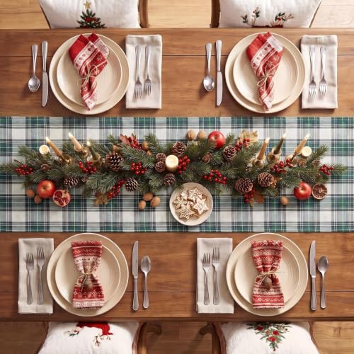Softalker Christmas Checkered Table Runner - Green & White, 13x90 Inch - Plaid Holiday Decor