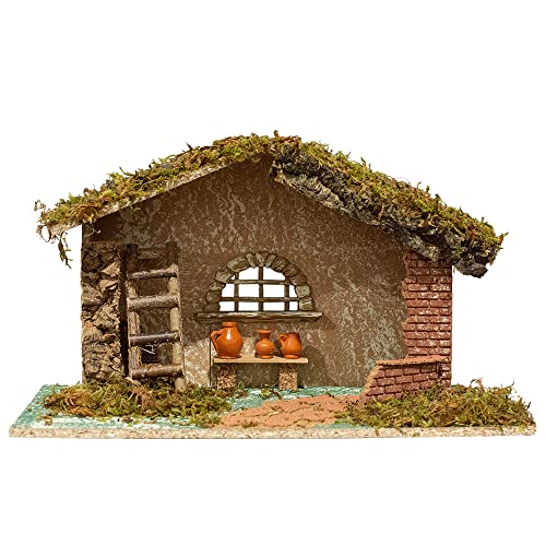 Nativity Creche Stable with Moss Roof and Floor - Handmade in Italy, 11 Inches Tall