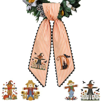 Halloween 07 Fall Wreath Sash with Monogram and Harvest Decor - Autumn Door Accessory