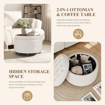 Round Ottoman with Storage and Reversible Tray - Camel, 25 Inch