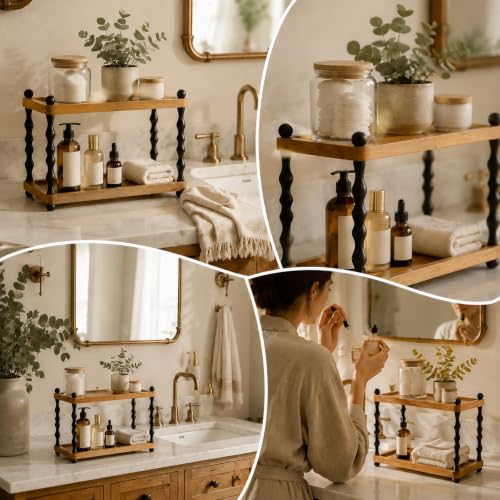 Wooden 2-Tier Bathroom Counter Organizer with Spindle Legs, Vanity Storage Shelf