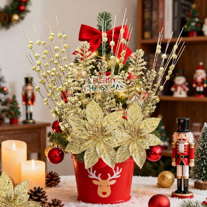 Christmas Glitter Berry Stem Set - Gold 2 Styles, 17.5 Inch Holiday Decor