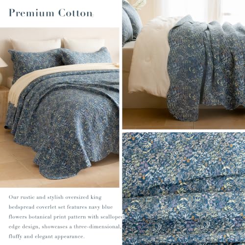 Navy Blue Floral Oversized King Bedspread 128x120 - Cotton Quilt Set
