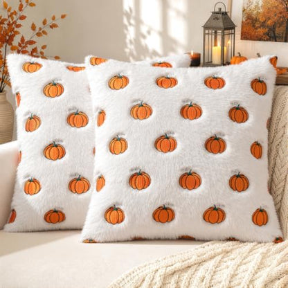 Fall Pumpkin Embroidered Pillow Cover 18x18 Bright Orange & White Set of 2